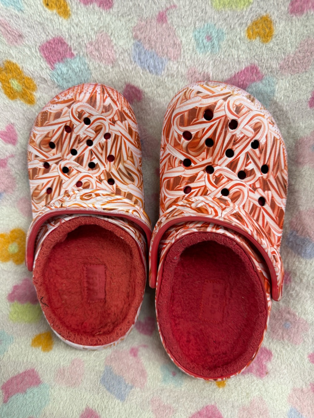 Crocs Orange And Red Candy Cane Pattern Fuzzy-Lined Clogs